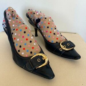 Joan and David Navy Blue leather pumps with Gold buckle and kitten heel size 9M